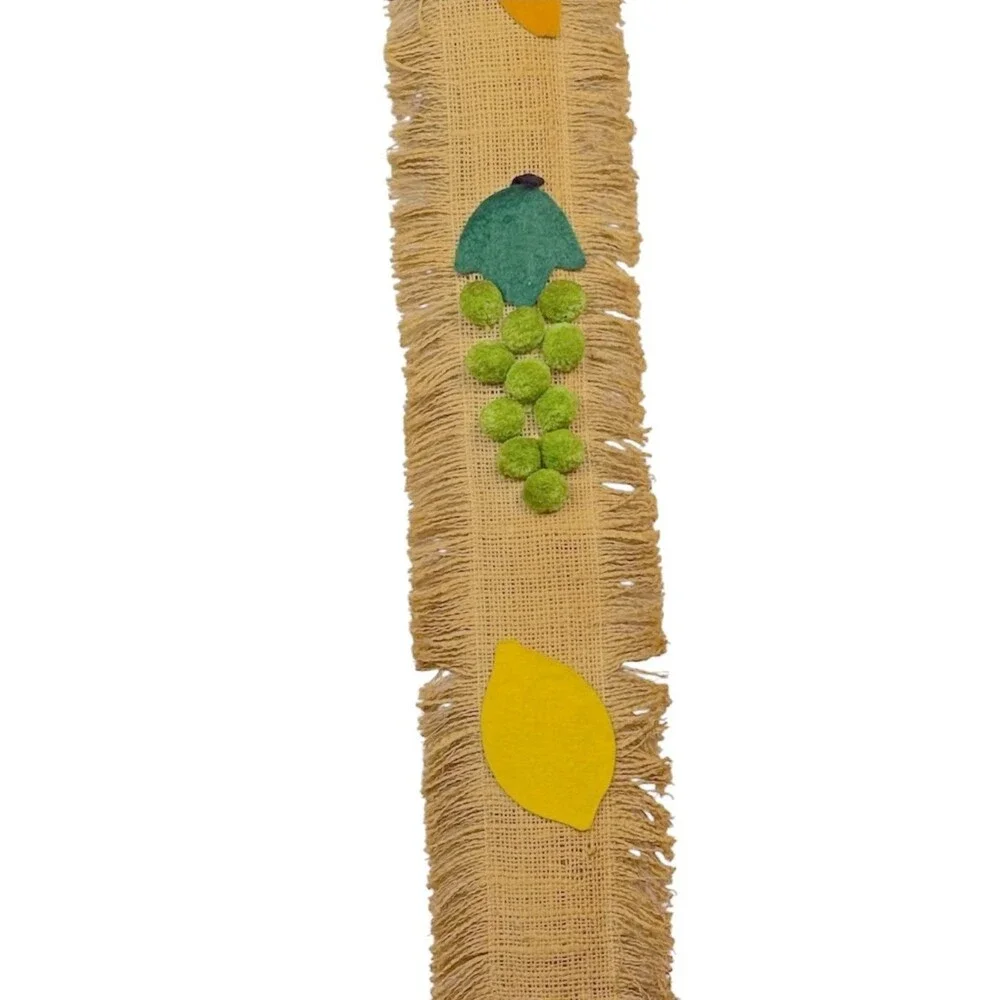 Vintage 70s Burlap Fruit Wall Hanging Yardstick Holder Ad Ruler Rustic Country